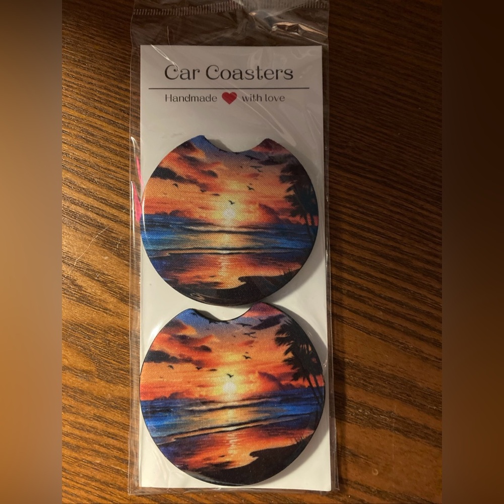 Set Of 2 Custom Neoprene Car Coasters Beach Sunset NEW